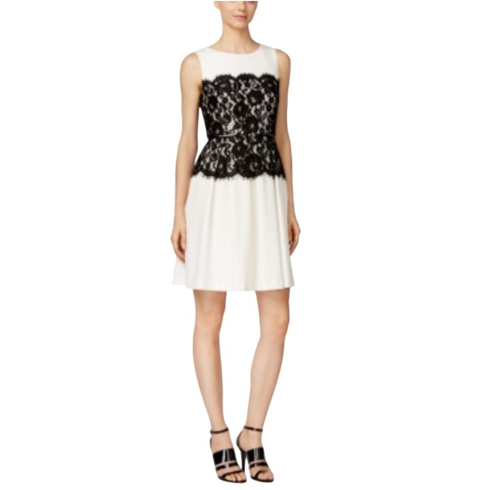 Calvin Klein White and Black Cocktail Dress Lace Bodice Fit and Flare Size 6